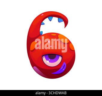 Gruselige Monster-Schriftart 6 sechs. Bizarrer Bugaboo Monster Charakter Mathematik Schriftart Figur, bogle Person Cartoon Vektor Kinder ABC Typ Zahlensymbol. Seltsame Kreatur mathematische Schriftartnummer Stock Vektor