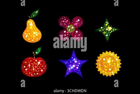 Y2K-Glitzer-Sticker mit funkelnder Birne, Blüte und Diamant, Apfel, Stern und Sonnenform mit schimmernder Textur. Retro-Ikonen für nostalgische Designs oder digitale Dekorationen mit leuchtenden Glitzern. Stock Vektor