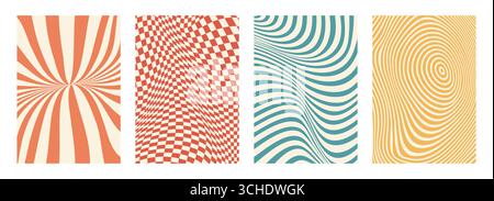 Psychedelic Retro grooviges Muster, Swirl Hintergründe Vektor Set. Abstrakte Vintage-Poster mit optischem Illusionseffekt, wellige, karierte und hypnotische Verzerrungen in Orange, Gelb, Blau und Rot Stock Vektor