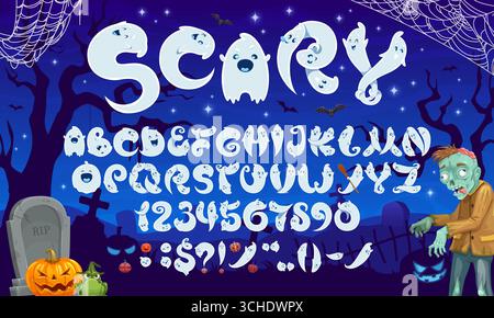 Halloween Geister Schriftart, gruselige Monster Schriftart, Zeichentrickfilm gruselige böse Schrift, Feiertags englisches Alphabet auf Friedhof Vektor Hintergrund. Halloween abc Buchstaben und Zahlen Schriftart von Geistern, Kürbissen und Zombies Stock Vektor