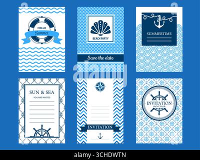 Marine-nautische Einladungen. Vektorsatz von Einladungsvorlagen mit maritimen Symbolen, Mustern und Text. Speichern Sie sich die Termine und Einladungslayouts für Sommerpartys, Strandveranstaltungen und Yachtclub-Treffen Stock Vektor