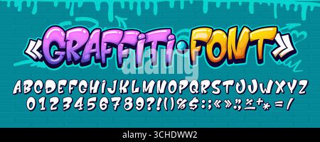Street Art Graffiti, urbane Schriftzeichen an der Wand. Comic-Vektor-Retro-Comic mit auffälliger Schrift, lustiger Alphabet-Typografie, farbenfrohe abc-Zahlen und -Zeichen, Großbuchstaben mit tropfendem Farbeffekt Stock Vektor
