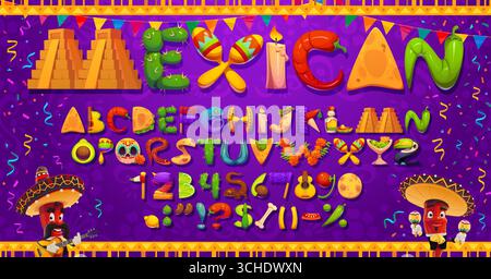 Mexikanische Zeichentrickschrift, mexikanischer Festival-Typ, fiesta-Schriftart, Feiertagsalphabet. Vektor-abc-Großbuchstaben, Zahlen und Zeichen wie traditionelles tex mex-Essen, Kakteen Maracas, Gitarren-Tukan und Pyramide Stock Vektor