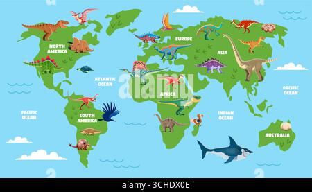 Prähistorische Dinosaurier-Karten-Infografiken. Vektor-Bildungs-Weltkarte mit Dinosauriern, die über Kontinente verteilt sind und jeweils mit regionalen Namen und Ozeanen gekennzeichnet sind, die veranschaulichen, wo Dino-Arten lebten Stock Vektor
