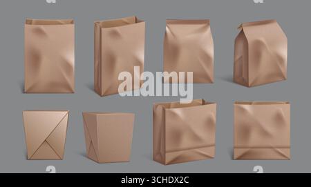 Beigefarbene Papiertüten mit gezackten und gefalteten Kanten, Boxen für Verpackungen zum Mitnehmen. Behälter aus natürlichem Kraftmaterial zum Mitnehmen, für Lebensmittel und umweltfreundliches Branding im Einzelhandel Stock Vektor