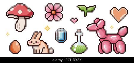 Pixel-Icon-Set mit 8-Bit-Pilz, rosa Blüte und Ballonhund für Retro-Gaming-Ästhetik. Süßes Häschen und Sprossen, Tränkflasche und orangenes Herz. Nostalgische Arcade-Elemente für y2k-Vintage-Design Stock Vektor