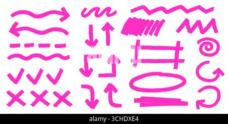 Rosafarbene Markierungselemente mit Pfeilen, Häkchen und handgezeichneten Kritzeleien zur Hervorhebung von Text oder Korrekturmarkierungen hervorheben. Wellenlinien, Kreuze und Kreise für Anmerkungen. Unterstreichungsset mit Doodle für Notizen Stock Vektor