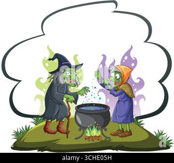 Zwei grüne Hexen in bunten Gewändern rühren einen sprudelnden Kessel im Freien zwischen magischem Rauch. Stock Vektor