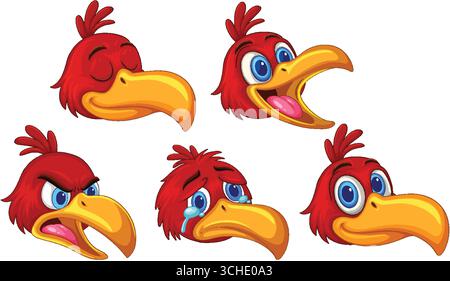 Fünf rote Zeichentrick-Vogelköpfe zeigen verschiedene Emotionen, kräftige Umrisse, helle Farben, weißer Hintergrund Stock Vektor