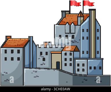 Stilisierter Vektor einer schottischen Steinburg mit roten Fahnen, eckigen Türmen und strukturierten blau-orangen Wänden. Stock Vektor
