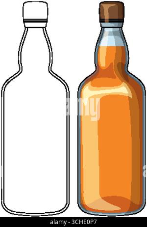Stilvolle Vektor-Whiskyflasche mit farbigen und umrissenen Versionen, klare Linien, flache Schattierungen, isoliert. Stock Vektor