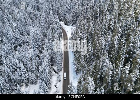 Aus der Vogelperspektive auf einen verschneiten Wald mit hohen Kiefern und Straße mit einem Auto-Minibus im Winter. Stockfoto