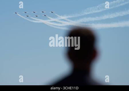 Die Zuschauer der Canadian International Air Show beobachten von der Küste von Toronto aus, mit Blick auf den Himmel, während die Canadian Forces Snowbirds auf der Canadian International Air Show eine atemberaubende Luftschau zeigen. Am 31. August 2025 in Toronto, Kanada. Toronto Ontario Kanada Copyright: XLeonardoxRamirezx Stockfoto