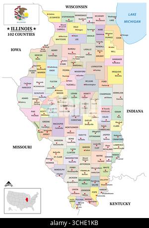 Landkarte des US-amerikanischen Bundesstaates Illinois Stockfoto