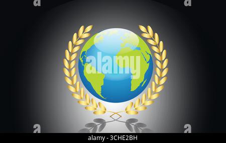 Vektor-Illustration der Erde umgeben von einem goldenen Lorbeerkranz, der Frieden, Einheit, Nachhaltigkeit und globale Anerkennung symbolisiert, perfekt für Inter Stock Vektor