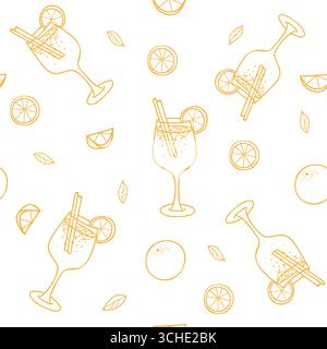 Nahtloses Cocktailmuster. Aperol Spritz und Orangenfrucht. Handgezeichnete grafische Illustration im Doodle-Stil in Orange. Für Textil und Papier Stock Vektor