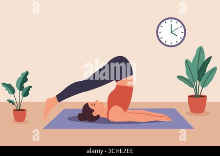 Vektor-Illustration einer Frau, die Yoga-Pflug praktiziert, Pose auf Matte zu Hause mit Pflanzen und Wanduhr, Fitness und Wellness-Konzept Stock Vektor