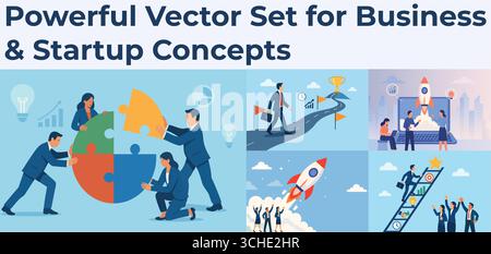 Flacher Vektor-Illustrationssatz mit Teamwork, Startup-Wachstum, Raketenstart, Zielerreichung und Innovationskonzepten. Perfekt zum Pressen Stock Vektor