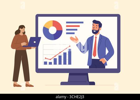 Online-Unternehmenspräsentation und -Learning Business Training und E-Learning Remote Work und Digital Education Virtual Meeting und Datenanalyse Stock Vektor