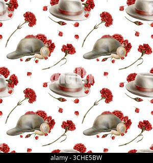 Die Nelkenrevolution von 1974 in Portugal, wo Zivilhut und Soldatenmütze zu Symbolen für die friedliche Flut wurden, entfaltet sich alle in roten Blüten Stockfoto