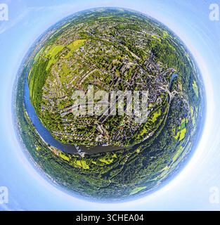 Luftaufnahme, Blick auf Werden am Ruhrgebiet, Erdkugel, Fischaugenbild, 360-Grad-Bild, winzige Welt, kleiner Planet, Fischaugenbild, Werden Stockfoto