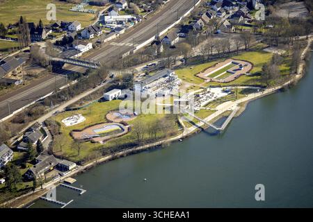 Blick aus der Vogelperspektive, Strandhaus Salitos Beach Hengsteysee Beach Club am Südufer von Hengstey, Freibad, Herdecke, Ruhrgebiet, Nordrhein-Westpha Stockfoto