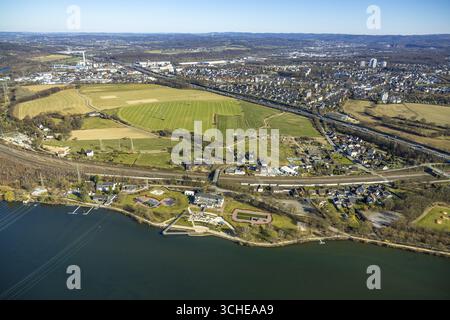 Blick aus der Vogelperspektive, Strandhaus Salitos Beach Hengsteysee Beach Club am Südufer von Hengstey, Freibad, Herdecke, Ruhrgebiet, Nordrhein-Westpha Stockfoto