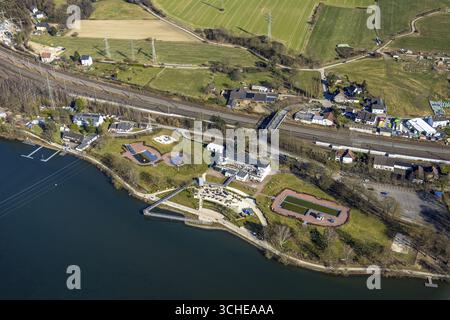 Blick aus der Vogelperspektive, Strandhaus Salitos Beach Hengsteysee Beach Club am Südufer von Hengstey, Freibad, Herdecke, Ruhrgebiet, Nordrhein-Westpha Stockfoto