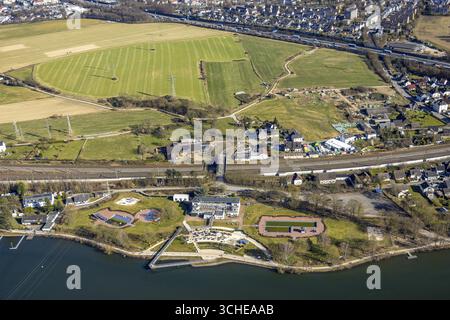 Blick aus der Vogelperspektive, Strandhaus Salitos Beach Hengsteysee Beach Club am Südufer von Hengstey, Freibad, Herdecke, Ruhrgebiet, Nordrhein-Westpha Stockfoto