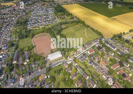 Luftansicht, zukünftiges Baugebiet südlich der Horsterstraße, Sporthalle und Sportfeld-Fußballstadion des FC Hamm 2011 e.V., Wohngebiet Stefa Stockfoto