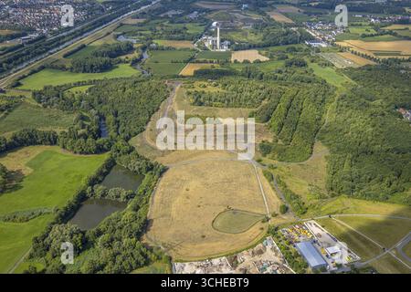Aus der Vogelperspektive, Radbod-Verwüstungsspitze mit Verwüstungsschild, Verwüstungsspitze, Bockum-Hoevel, Hamm, Ruhrgebiet, Nordrhein-Westfalen, Deutschland Stockfoto