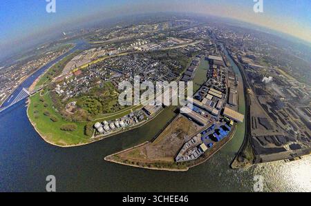 Luftaufnahme, Parallelhafen Neuenkamp und Außenhafen, Rhein, Erdkugel, Fischaugenbild, 360-Grad-Bild, winzige Welt, kleiner Planet, Fishe Stockfoto