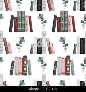 Stehende Vintage-Bücher und nahtloses Eukalyptusmuster. Hintergrund der Vektorgrafik Stock Vektor