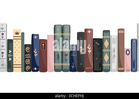 Stehende Vintage-Bücher nahtlose Grenze isoliert auf weißem Hintergrund. Vektorabbildung Stock Vektor
