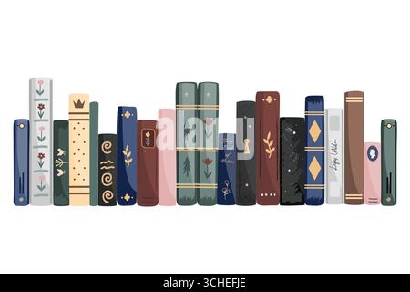 Stehende Vintage-Bücher Reihe isoliert auf weißem Hintergrund. Vektorabbildung. Stock Vektor