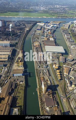 Luftaufnahme, Parallelhafen Neuenkamp und Außenhafen, Rhein, HTB Heavylift Terminal Duisburg Schwerlastkran, Hochfeld, Duisburg, Ruhr sind Stockfoto