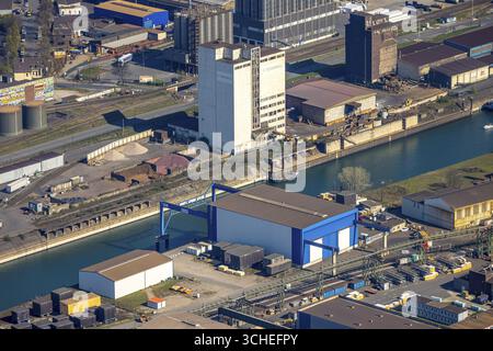 Luftaufnahme, Parallelhafen Neuenkamp und Außenhafen, Schwerlastkran HTB Heavylift Terminal Duisburg, C. Stony Path Logistikdienst, Hochfeld, D Stockfoto