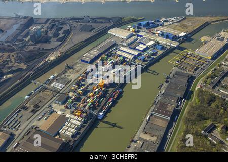 Luftaufnahme, Parallelhafen Neuenkamp und Außenhafen, Containerterminal, Rhein, Hochfeld, Duisburg, Ruhrgebiet, Nordrhein-Westfalen, Deutschland Stockfoto