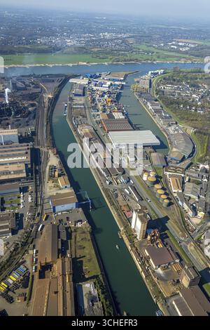 Luftaufnahme, Parallelhafen Neuenkamp und Außenhafen, Rhein, HTB Heavylift Terminal Duisburg Schwerlastkran, Hochfeld, Duisburg, Ruhr sind Stockfoto