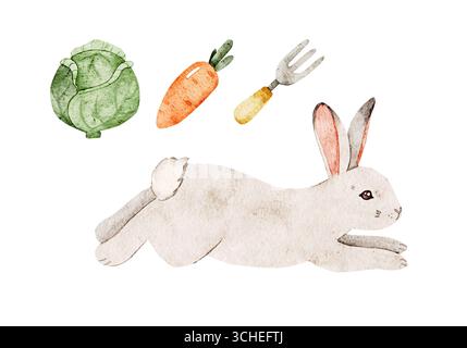 Aquarellclipart mit Häschen, Kohl, Karotten und Gartenwerkzeug, isolierte Illustration für Kinderbücher, Osterkarten, Kinderzimmer-Drucke, Bauernhof-Designs, Öko Stockfoto