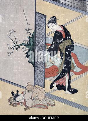 Japan: "Die junge Dame schaut durch die Tür auf ihren Kamuro, der auf dem Boden schläft." Ukiyo-e Holzschnitt von Suzuki Harunobu (1724-1770) um 1765-1770. Suzuki Harunobu war ein japanischer Holzschnitt-Künstler, einer der berühmtesten im Ukiyo-e-Stil. Er war ein Innovator und der erste, der 1765 Vollfarbdrucke (nishiki-e) herstellte und die früheren Modi der zwei- und dreifarbigen Drucke veraltete. Harunobu verwendete viele spezielle Techniken und stellte eine Vielzahl von Themen dar, von klassischen Gedichten bis zu zeitgenössischen Schönheiten (bijin, bijin-ga). Stockfoto