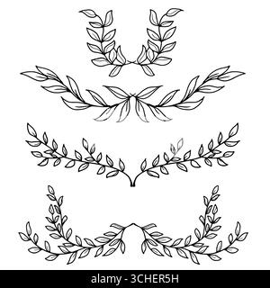 Zweige Schwarzweiß-Skizze, einfache Zeichnung. Vektorabbildung. Botanische Ecke mit Blumenmuster, Satz Silhouettenrahmen isoliert auf weißem Hintergrund. Für Stock Vektor