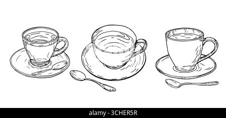 Porzellanbecher mit Tee und Skizze mit schwarzer und weißer Tinte. Vektorabbildung. Ein Set Kaffeetassen und ein Löffel, isoliert auf weißem Hintergrund. Das Thema Stock Vektor