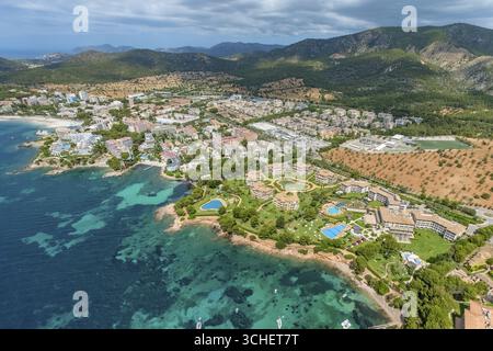 Luftaufnahme, Residencias Mardavall Wohnkomplex, Platja de Mardavall Strand, La Punta Negra, Palmanova, Calvia, Mallorca, Balearen, Spai Stockfoto