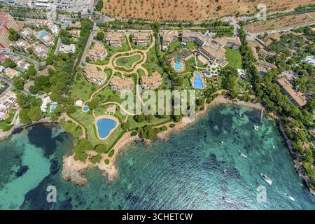 Luftaufnahme, Residencias Mardavall Wohnkomplex, Platja de Mardavall Strand, La Punta Negra, Palmanova, Calvia, Mallorca, Balearen, Spai Stockfoto