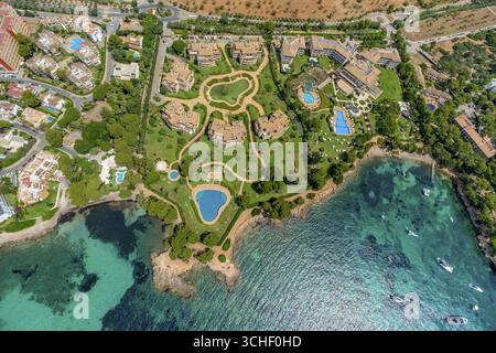 Luftaufnahme, Residencias Mardavall Wohnkomplex, Platja de Mardavall Strand, La Punta Negra, Palmanova, Calvia, Mallorca, Balearen, Spai Stockfoto