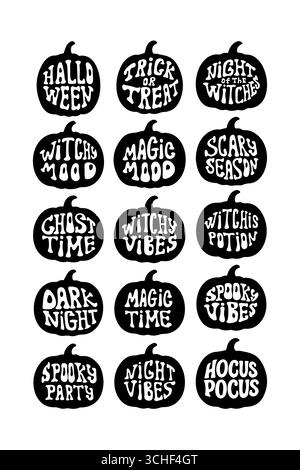 Halloween-Kürbissymbole mit gruseligen Phrasen und festlichen Motiven Stock Vektor