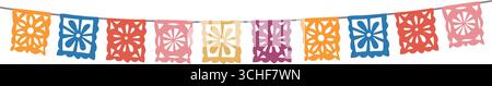 Farbenfrohe, dekorative, ausgeschnittene Girlande. Dia de los Muertos, mexikanischer Tag der Toten. Halloween Papier Fahnen, Papel Picado. Isolierte Vektorhand Stock Vektor