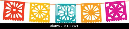 Buntes Papelbild mit Picado-Girlande. Taditional mexikanische dekorative Partyflaggen, Fähnchen. Cinco de Mayo, Fiestas oder Day of Dead Dia de Muertos Stock Vektor