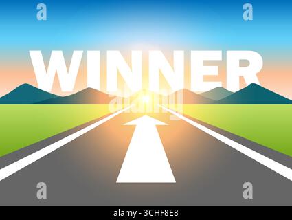 Gewinner. Der Gewinner schrieb auf der Asphaltstraße am wunderschönen Sonnenaufgang und Berg. Der Weg zum Gewinner. Vektorabbildung. Stock Vektor